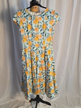 ORCHID BLOOM Floral Fit-and-Flare Dress in Yellow/Orange Rose Print
